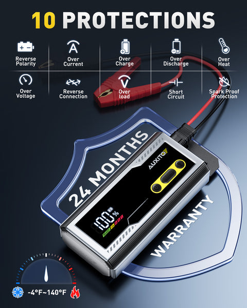 AUXITO T4 8000A Car Jump Starter, Portable 12V Jump Box for Gas & Diesel, Battery Booster Pack with Smart Clamps, Power Bank USB Port, LED Flashlight (SOS/Strobe), Large LCD, IP68 Water-Resistant