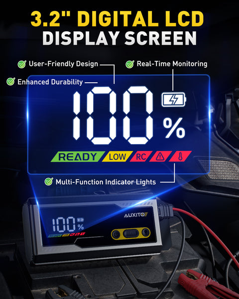 AUXITO T4 8000A Car Jump Starter, Portable 12V Jump Box for Gas & Diesel, Battery Booster Pack with Smart Clamps, Power Bank USB Port, LED Flashlight (SOS/Strobe), Large LCD, IP68 Water-Resistant