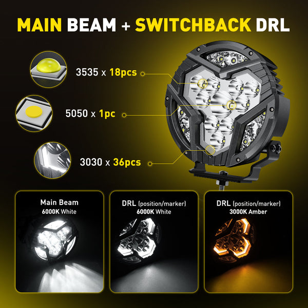 AUXITO X-Plore 1 Series | 7-inch LED Auxiliary Spot/Driving Combo Light with Switchback DRL, 6000K White