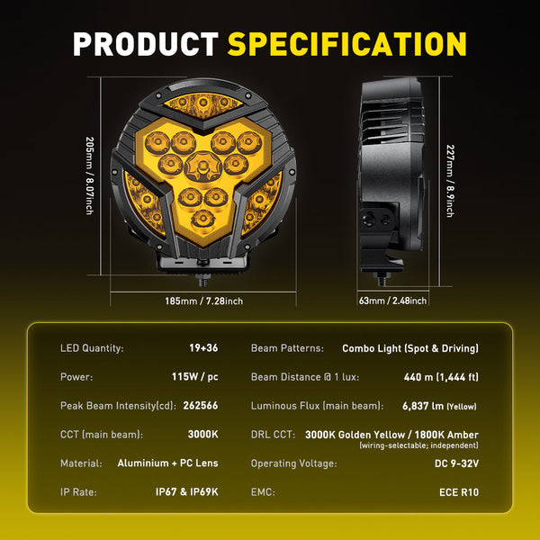 AUXITO X-Plore 1 Series | 7" Round Off-Road LED Auxiliary Spot/Driving Light (Combo) with Switchback DRL - 3000K Amber