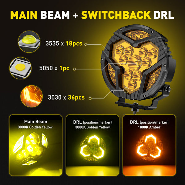 AUXITO X-Plore 1 Series | 7" Round Off-Road LED Auxiliary Spot/Driving Light (Combo) with Switchback DRL - 3000K Amber