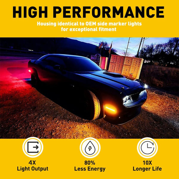 Full LED Side Marker Lights for 2018-2022 Dodge Challenger SRT, R/T Widebody Models, Smoke Shell Front & Rear Bumper