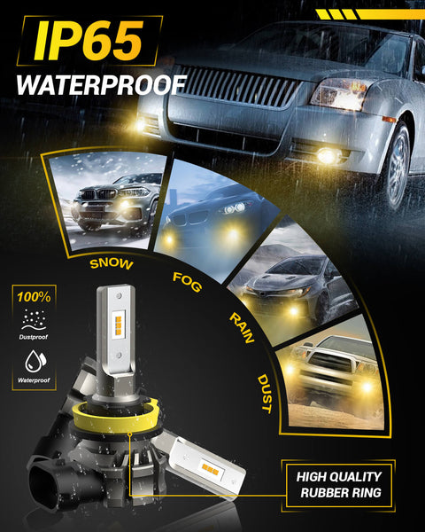 H11 H8 H9 LED Fog Light Bulbs, Fanless Design, 6000 Lumens 3000K Amber Yellow Light