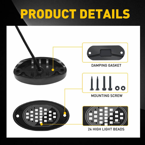 LED Rock Light Car Underglow Lights Universal Fits For SUV, Jeep, ATV, UTV, Truck, Motorcycle - 24 LEDs per Light