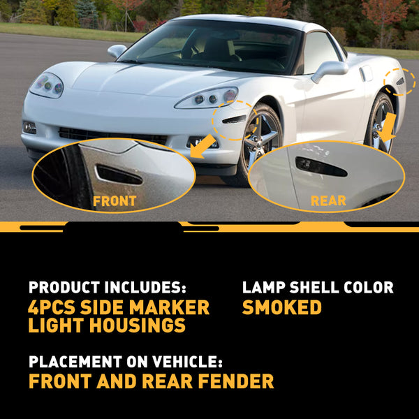LED Side Marker Light for Chevrolet Corvette C6 2005-2013, Smoked Lens, Front & Rear
