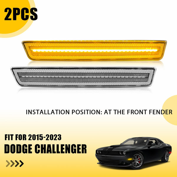 LED Side Marker Light for Dodge Challenger 2015-2023, Clear Lens, Amber, Front