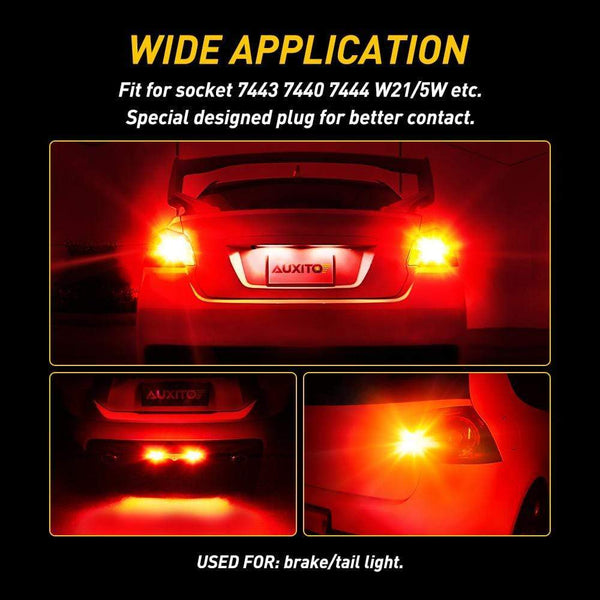 AUXITO 7440 7443 LED Red Brake Light Bulbs, Super Bright Flashing Warning Function With Projector