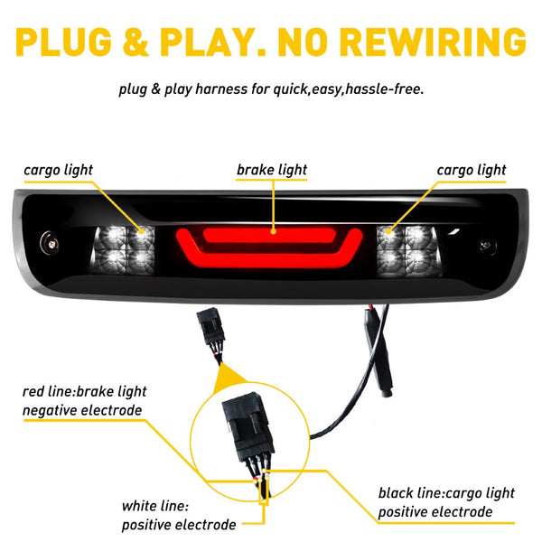 For 09-18 Dodge Ram 1500 2500 3500 3rd LED Brake Light Cargo Lamp High Mount Brake Light Replacement (Black+ Smoke Lens)